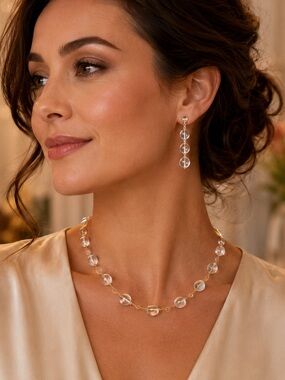 Clear Bead Gold-Linked Necklace and Drop Earrings - Women Jewelry